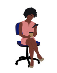 Black business woman sitting on office chair with smartphone, coffee cup. Pretty african american girl holding mobile phone, texting, chatting. Female cartoon character Vector realistic illustration.