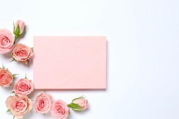 Beautiful composition with pink roses with white card on white background