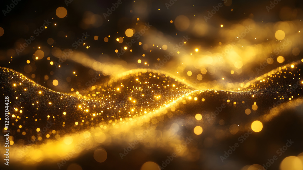 Poster golden glow of particles: abstract wave of golden particles shimmering with a beautiful bokeh, creat
