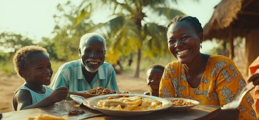 African family enjoys meal, village background, sunny day, cultural food