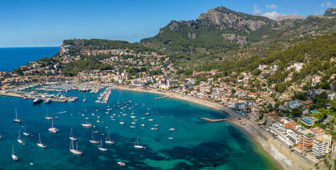 Aerial view of the summer resort town Port de Soller on Mallorca, Spain