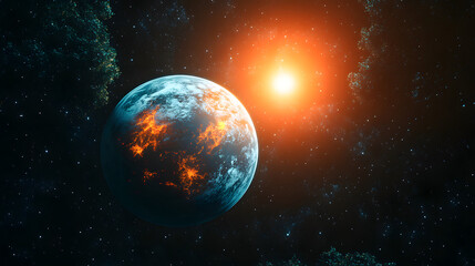 Naklejka premium Celestial Inferno: A breathtaking cosmic scene showcasing a vibrant celestial body in its fiery dance, with a brilliant star casting its light upon the deep, star-studded expanse.