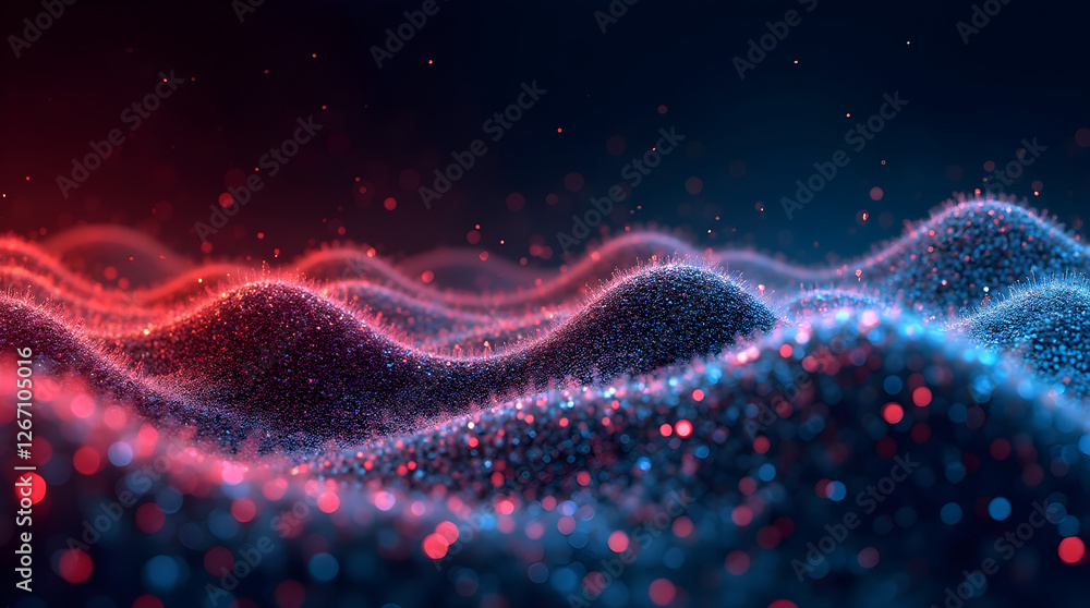 Aufkleber abstract red and blue wavy particle background: futuristic digital art with glowing dots, dynamic fl
