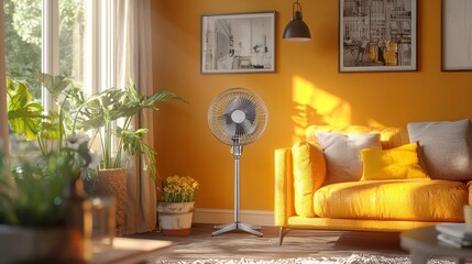 Sunny living room with fan,  calm atmosphere