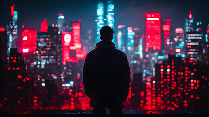 Fototapeta premium City Lights and Solitude: A lone figure gazes upon a vibrant cityscape, where red and blue neon lights paint the night sky, the perfect metaphor for a moment of introspection