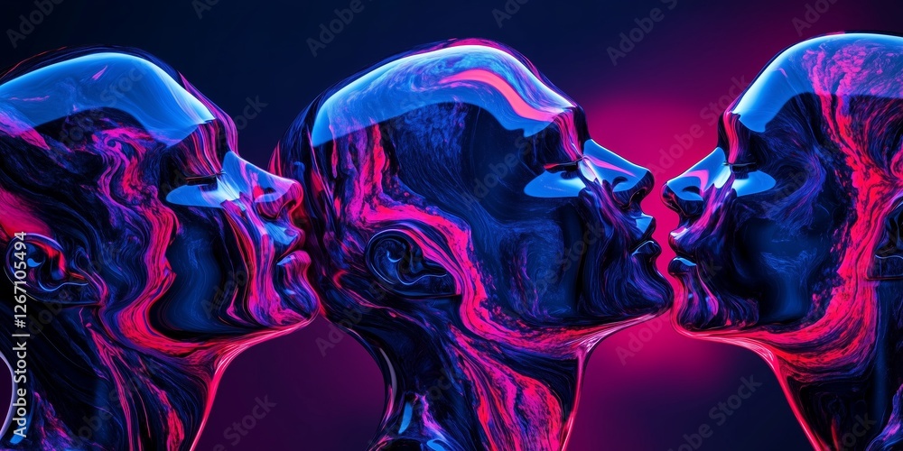 Poster futuristic heads merging, blending fluid textures with luminescent pink and blue light, creating eth