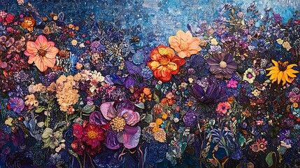 A Multicolored Floral Tapestry with Blue Background