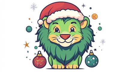 A Lion in a Santa hat with baubles, set on white background. Can be used for Christmas illustrations