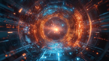 Obraz premium A glowing holographic telescope interface capturing cosmic data in a futuristic observatory, cosmic and innovative 