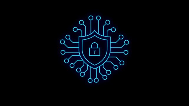 Glowing neon lock icon animation on black background for security and privacy concepts