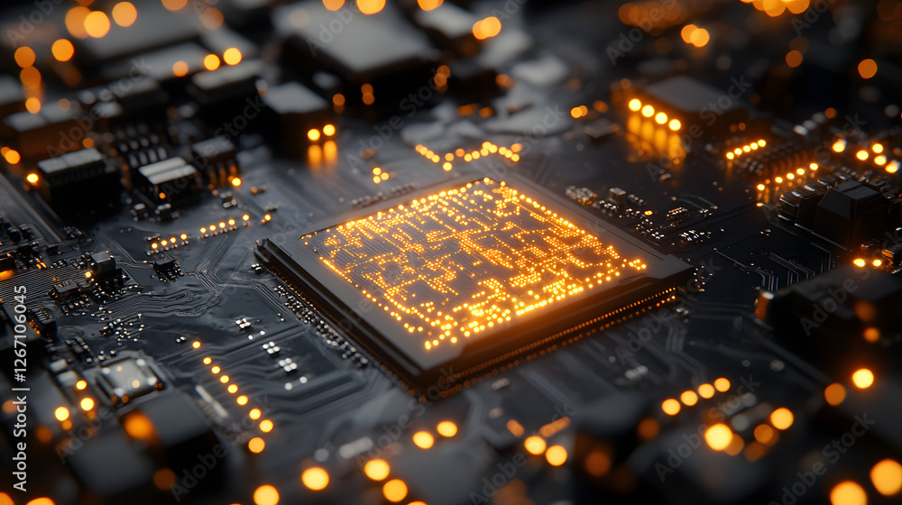 Poster illuminated technology: a highly detailed and photorealistic image showcases a central processing un