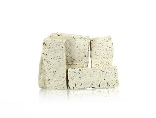 White Tofu with dill spice isolated on white background.