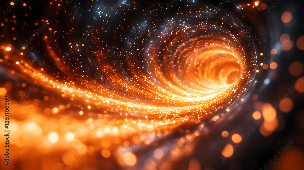 Poster cosmic gateway: an abstract depiction of a cosmic tunnel with vibrant, glowing particles, inviting v