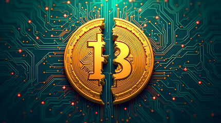 Broken Bitcoin Digital Art: Cryptocurrency Crash, Financial Crisis, Blockchain Technology Failure Concept, Gold Coin Split on Circuit Board Background