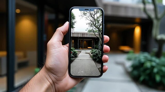 A person holds their phone to snap a photo of their entryway to their beautiful industrial modern home