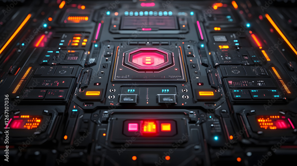 Poster cybernetic core: a hyper-realistic, intricate computer motherboard is displayed, aglow with neon lig