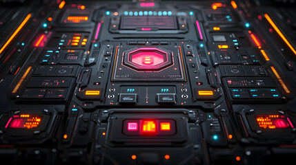 Fototapeta premium Cybernetic Core: A hyper-realistic, intricate computer motherboard is displayed, aglow with neon lights and complex circuitry.