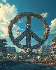 Fototapeta premium peace sign sculpture in wasteland with destroyed buildings post-apocalyptic city concept