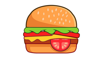 a cartoon hamburger with a bun, lettuce, tomato, cheese, and a patty.