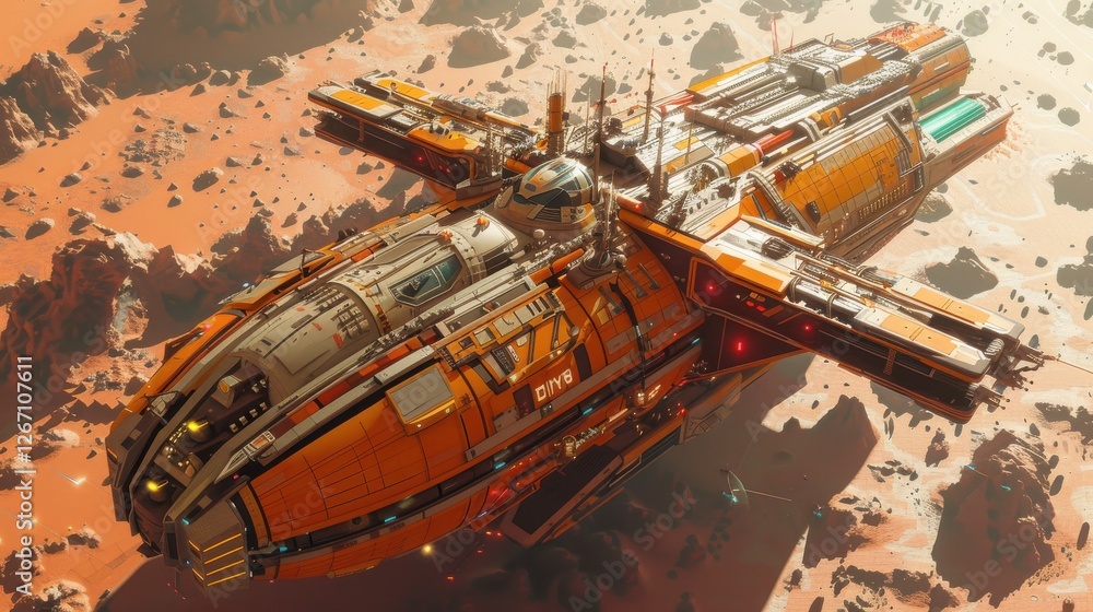 Poster futuristic spacecraft in a red planet landscape with advanced technology and upscale design features