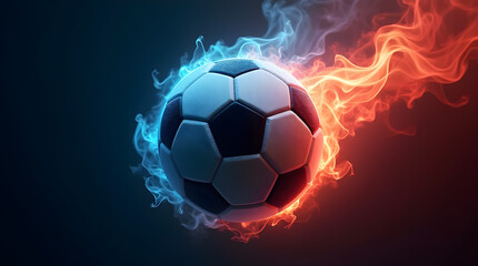 Obraz premium Flaming Soccer Ball Art: Hot Football Action with Blue and Red Fire Effects - Sports Graphic Design for Wallpaper, Posters, and Digital Art Projects