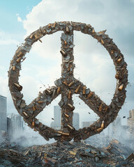 Fototapeta premium peace sign sculpture in wasteland with destroyed buildings post-apocalyptic city concept