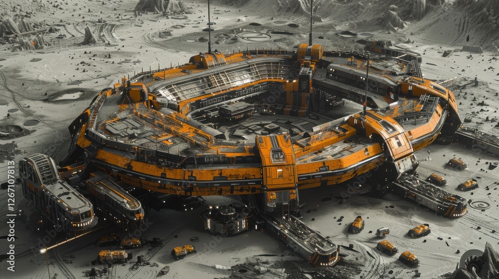 Poster futuristic space station in a desolate landscape with advanced technology and unique architecture