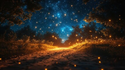 Enchanted Night: Firefly Path Under Starlit Sky