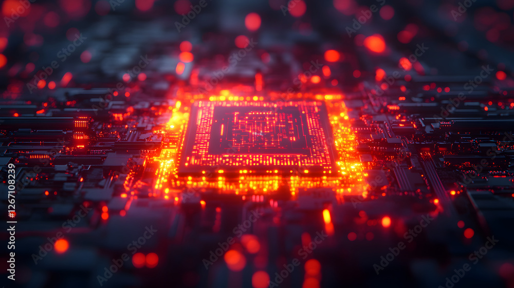 Poster glowing core: abstract close-up of a powerful processor core emitting a fiery red glow, symbolizing 