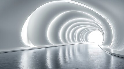 Obraz premium Futuristic white tunnel, glowing, reflective floor, bright exit, abstract background, design concept