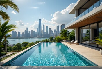 Fototapeta premium Luxury apartment with pool overlooking Dubai skyline