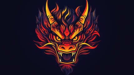 Fototapeta premium Fiery Dragon Portrait, mythic beast with orange-red flames against a deep blue background