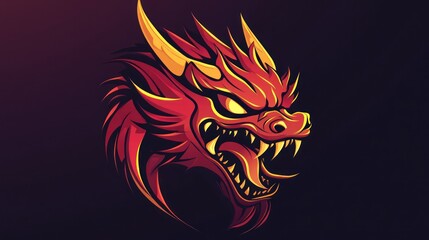 Red dragon head roars with fury; stylized design on dark background. Can be used for a logo