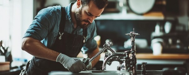 Plumber Repairing Sink With Adjustable Wrench, 