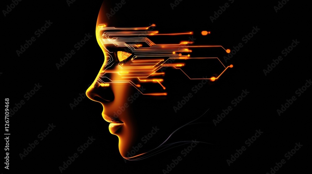 Fototapete Human face merges with glowing digital circuits in a futuristic representation of technology and identity. Generative AI