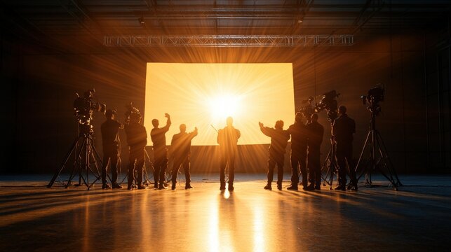 Group of people posing in front of a camera with film crew in a studio setting with natural lighting