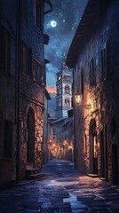Fototapeta premium A serene nighttime alleyway illuminated by lanterns, with a distant tower under a starry sky.