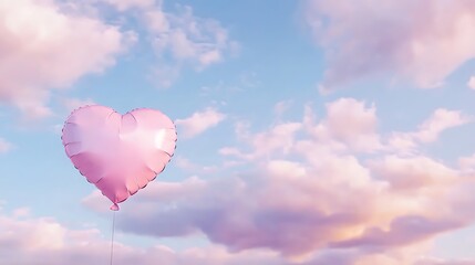 Fototapeta premium A pink balloon heart is floating in the sky above a cloudy blue sky
