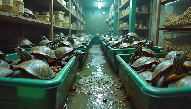 Wide shot of dozens of turtles stacked in plastic bins in a hidden backroom of a pet shop, showcasing animal cruelty issues. Animal Protection Day concept.
