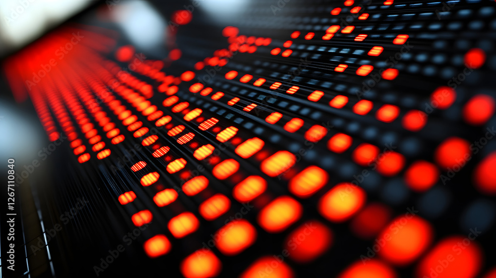 Poster digital symphony: an illuminated display of vibrant red lights, forming a dynamic, abstract pattern.