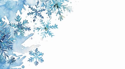 Watercolor snowflakes falling on left corner. Winter holiday seasonal backdrop. Possible greeting card