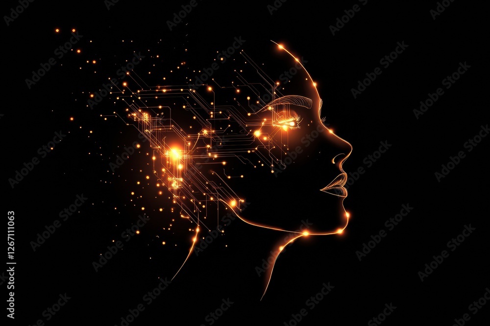 Leinwandbilder Merging of human features with glowing digital circuits creating a futuristic visual representation. Generative AI