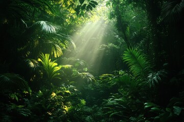 Sunlight Filtering Through Lush Green Jungle Canopy Creating a Serene Atmosphere