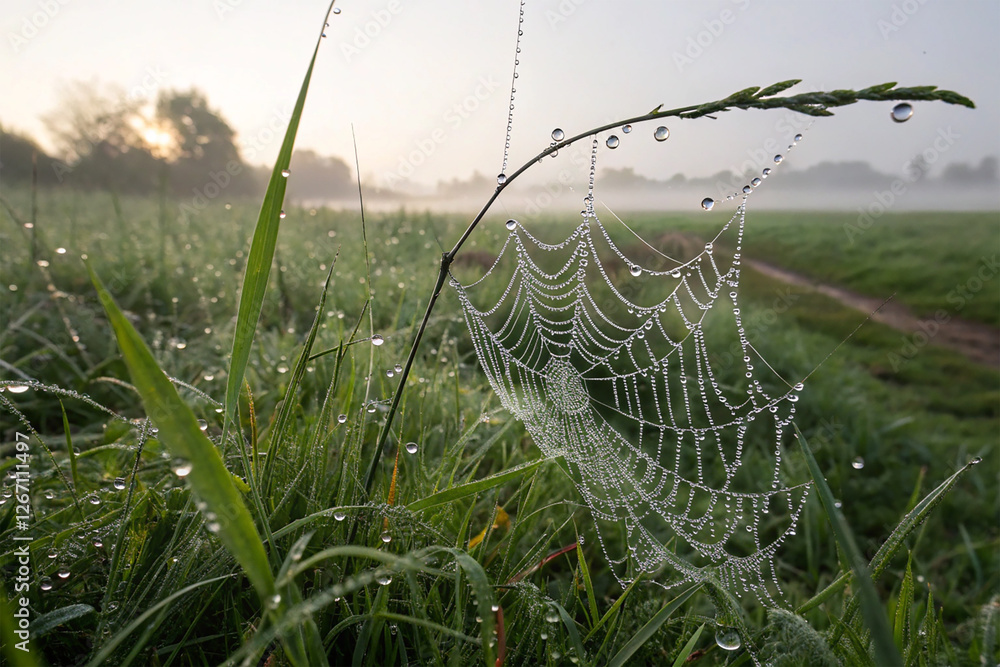 Wall mural dew drops on a spiderweb in grass.