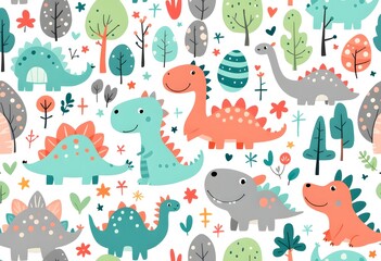 Playful Dinosaur Illustrations with Eggs and Trees in a Whimsical Cartoon Style