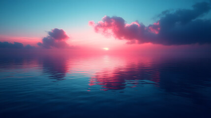 Serene Sunset Over the Ocean: The sun dips below the horizon, painting the sky with hues of pink and blue, casting a vibrant glow over the tranquil waters, with gentle clouds floating.