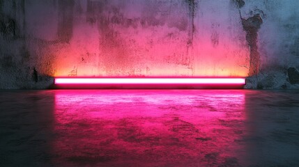 Fototapeta premium Horizontal neon light illuminates a textured concrete wall and floor