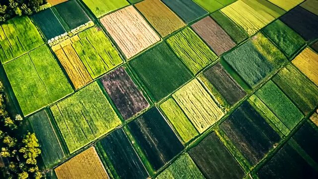 Aerial view of vibrant agricultural fields in summer