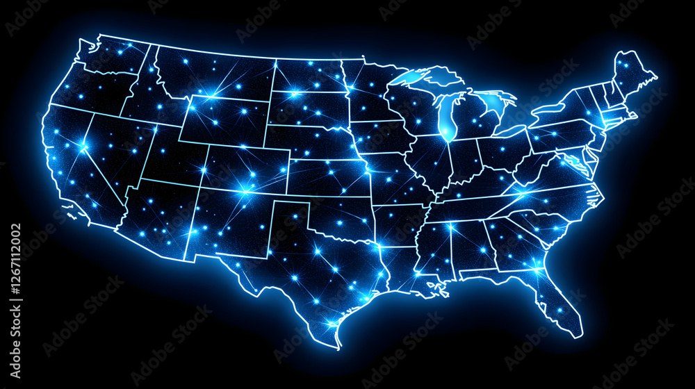 Poster data network of us: a conceptual rendering of the united states, overlaid with an intricate network 