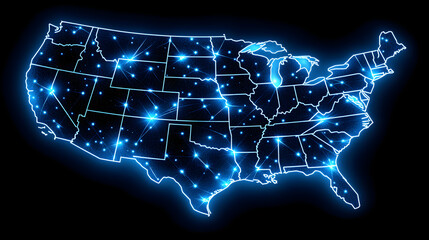 Data Network of US: A conceptual rendering of the United States, overlaid with an intricate network of interconnected data points, illuminated with a vibrant blue glow.